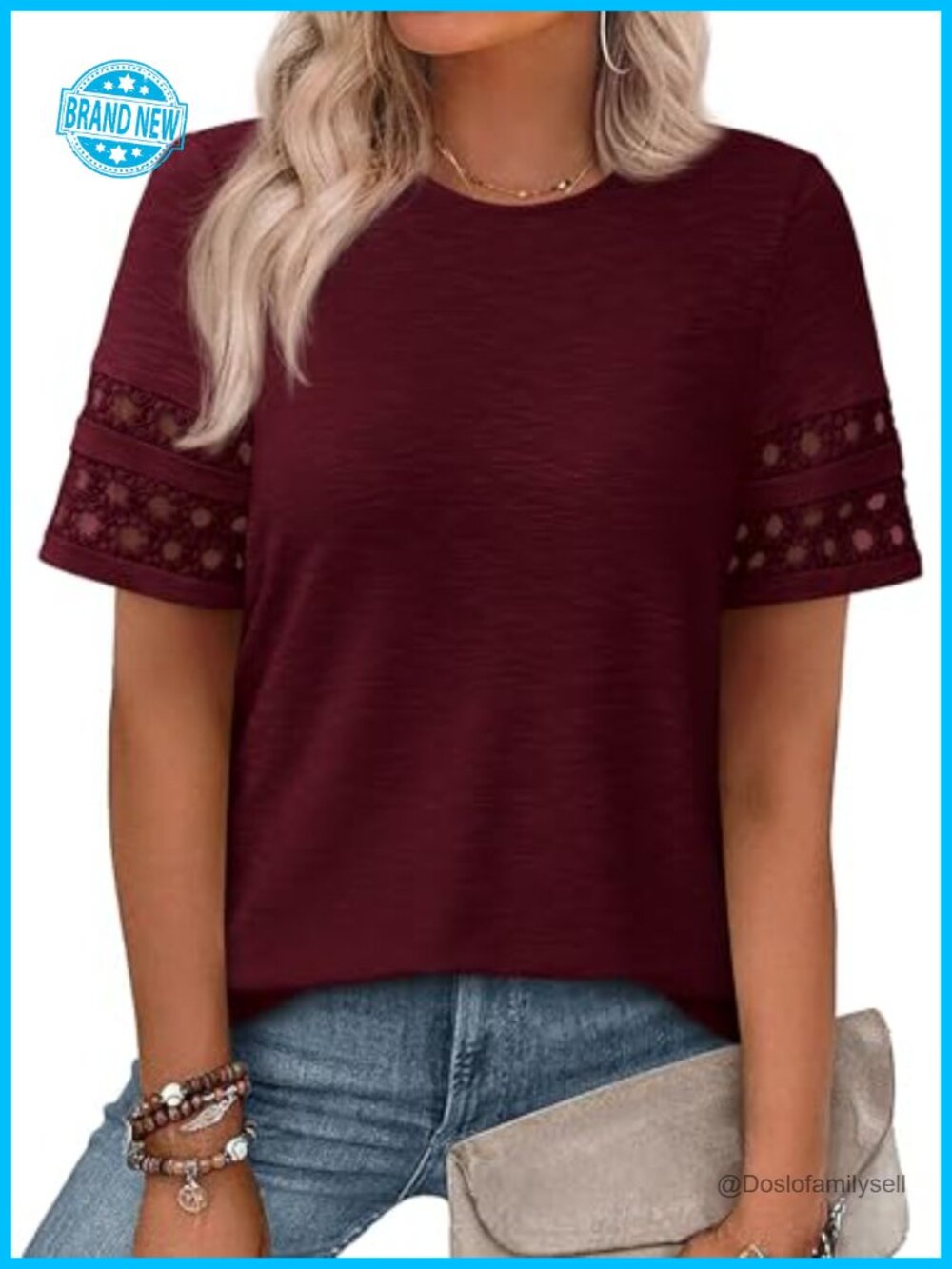 Women's Short Sleeve Lace Trim T-Shirt Crew Neck Relaxed Fit Casual Top